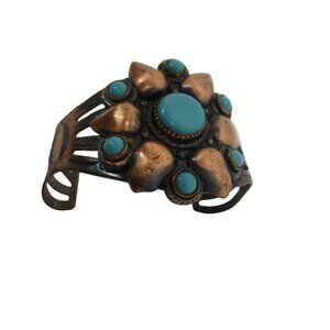 Vtg BELL TRADING POST Copper Turquoise Flower Cuff Bracelet Ed Harvey Era